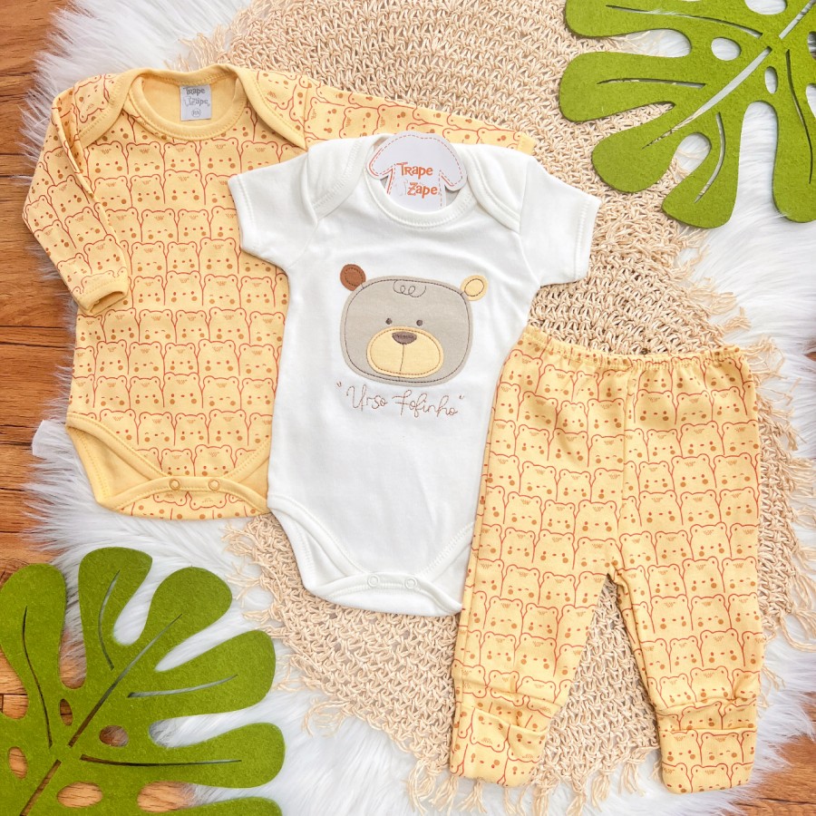 Conj. de Malha 3 peças - Urso Fofinho - Amarelo e Off White Conj. de Malha 3 peças - Urso Fofinho - Amarelo e Off White